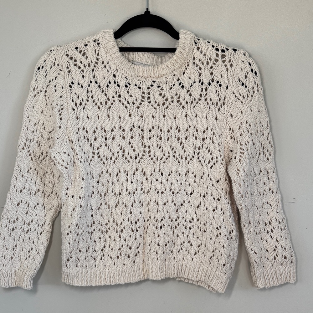 Sincerely Jules Cream Crochet Crop Sweater Small Pointelle Knit Crew Neck‎ VGUC
